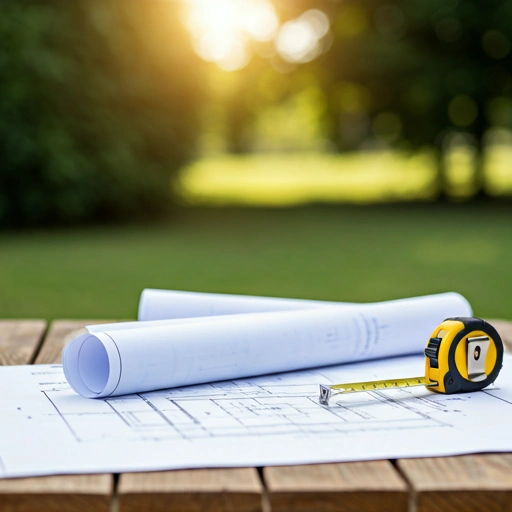 Architectural blueprints and a yellow tape measure resting on a slatted wooden table, set against a softly blurred outdoor background of green trees and warm sunlight.