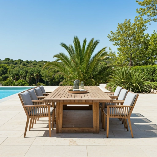 Outdoor Wooden Dining Set by Pool