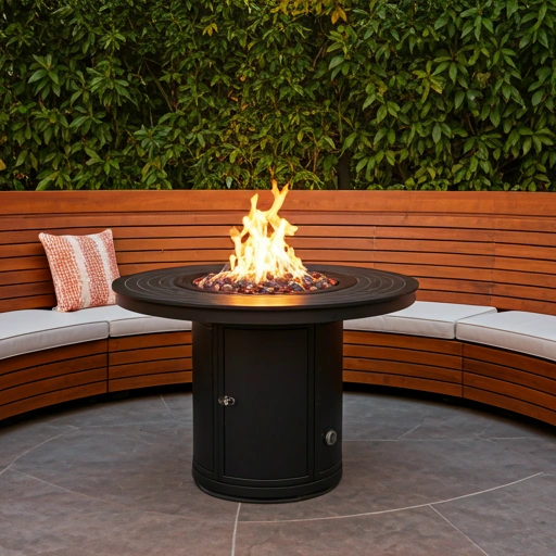 Round Fire Pit with Wooden Bench Seating