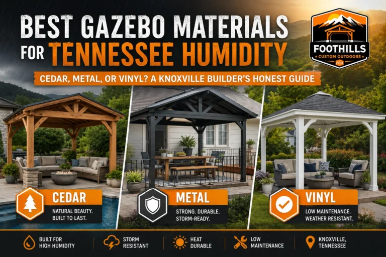 Comparison of cedar, metal, and vinyl gazebos showing the best gazebo materials for Tennessee humidity, storms, and summer heat in Knoxville, TN.