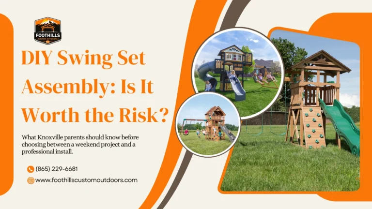DIY swing set assembly banner featuring completed wooden playsets with slides, swings, and a rock wall in a Knoxville backyard.