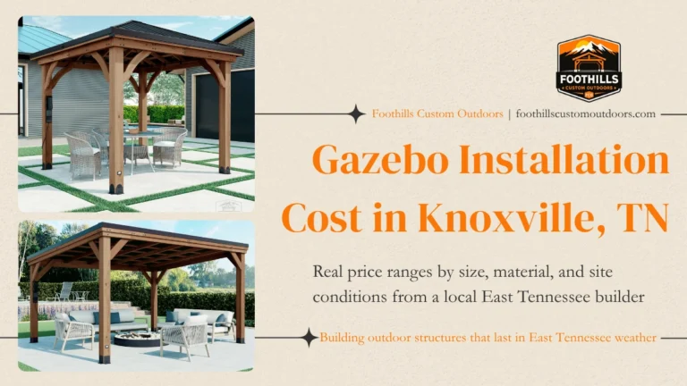 Cedar hardtop gazebo installations in Knoxville, TN backyards showing wood pergola-style structures with outdoor seating.
