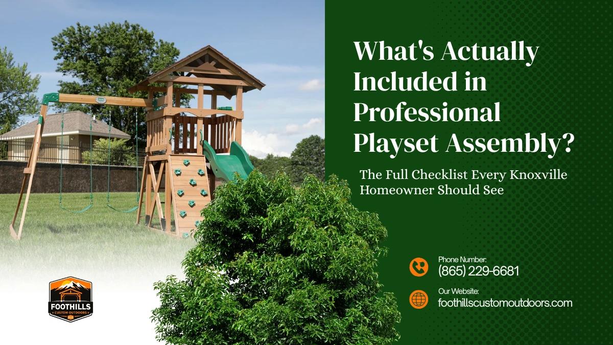 Professional crew assembling a wooden playset in a Knoxville backyard