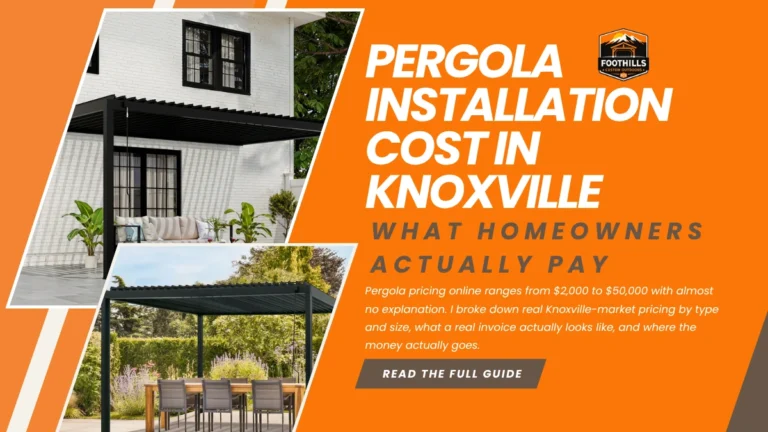 Modern louvered aluminum pergola installed over a backyard patio in Knoxville, TN